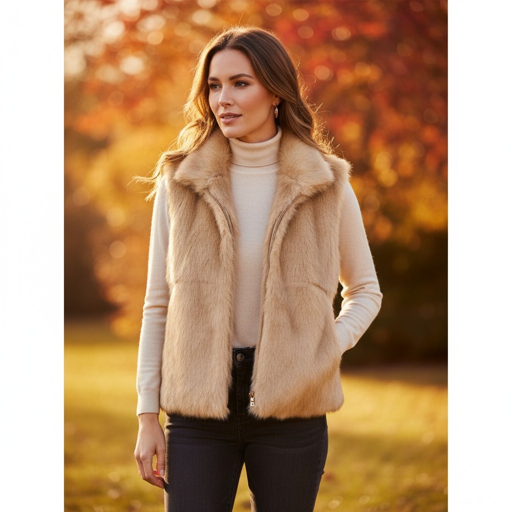 Kikit L M Vest Beige Tan Faux Fur Soft Zip Jacket‎ Boho Glam Chic Retro 90s Y2K